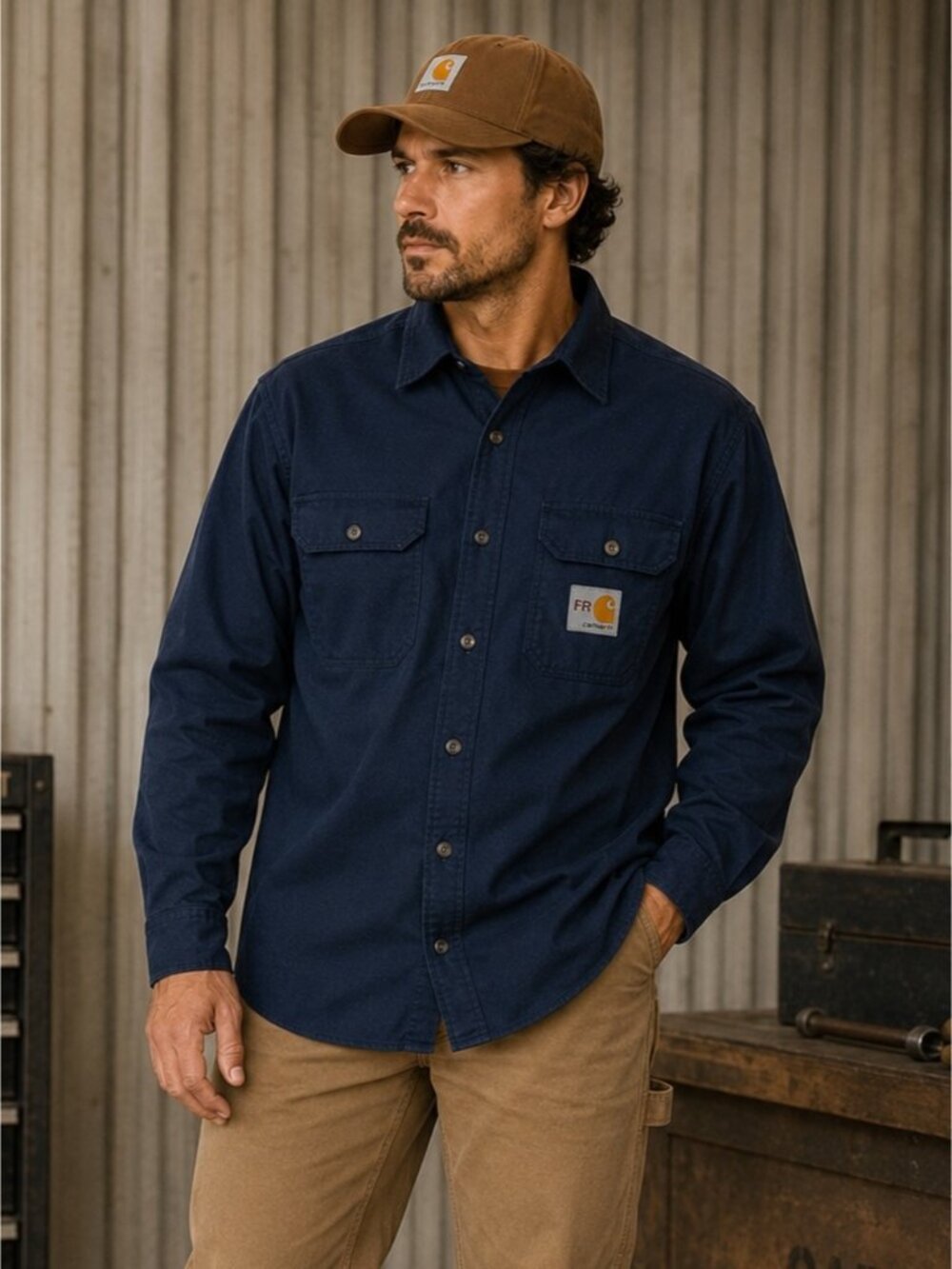Carhartt FR Flame Resistant Work Shirt Men’s Medium Regular Navy Button Front